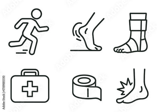 Icons representing running injuries and treatment essentials: foot, ankle, medical kit, bandage