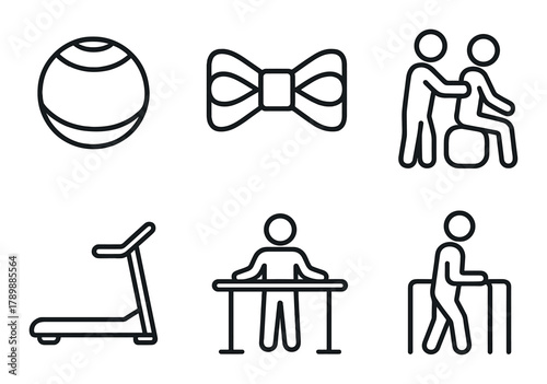 Rehabilitation therapy icons set: ball, bowtie, massage, treadmill, parallel bars, walker