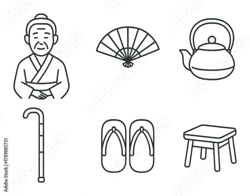 Traditional japanese symbols: elderly male, fan, teapot, cane, sandals, stool icons
