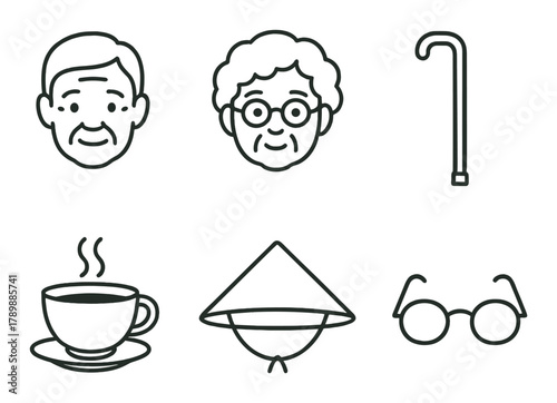 Elderly icons: male and female faces, tea, cane, hat, glasses on brown background