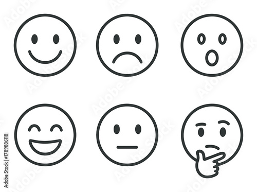 Set of six emoticons displaying various facial expressions on dark background