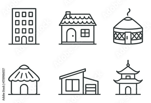 Minimalist icons of diverse architectural styles: apartments, huts, pagodas, and yurts