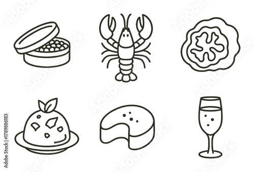 Gourmet icons of caviar, lobster, truffle, cheese, dessert, and champagne
