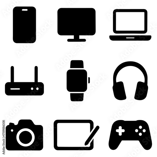 Silhouette icons of modern technology devices: smartphones, gadgets, and game controllers