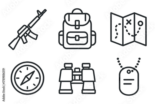 Military icons: rifle, backpack, map, compass, binoculars, dog tags