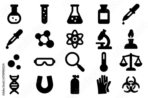 Simple silhouettes chemistry virus lab set of medical analysis experiment, laboratory test flask, chemical formula and reaction tube.
