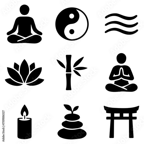 Wellness spa icons set with lotus leaves yoga pose and water droplet