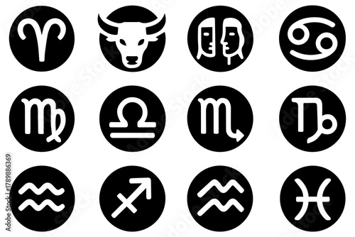 Zodiac astrology symbols representing twelve star signs in black vector design for horoscope and celestial themes