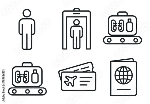 Airport security symbols featuring luggage, scanner, boarding pass, and passport icons