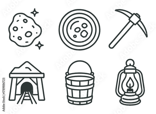 Mining symbols: ore, pickaxe, mine, lantern, bucket, plate - simplistic design