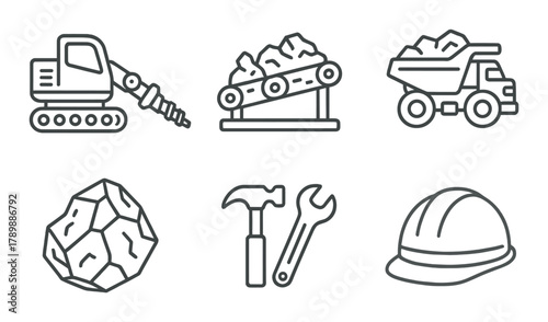 Construction equipment icons featuring excavator, conveyor, dump truck, rock, tools, and hard hat