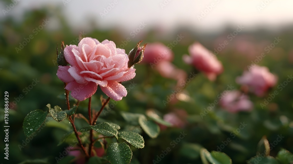 Naklejka premium A beautiful pink rose covered in morning dew drops glistening in the soft dawn light surrounded by a field of similar blooms