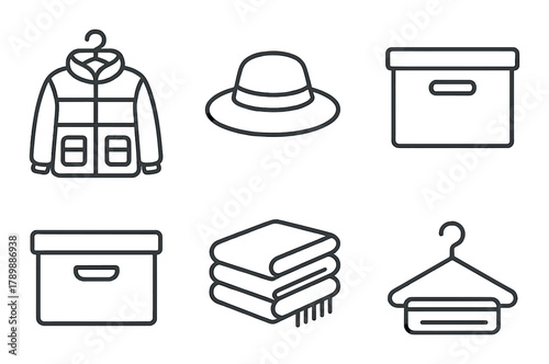Minimalist icons of jacket, hat, boxes, towels, and hanger on gradient background