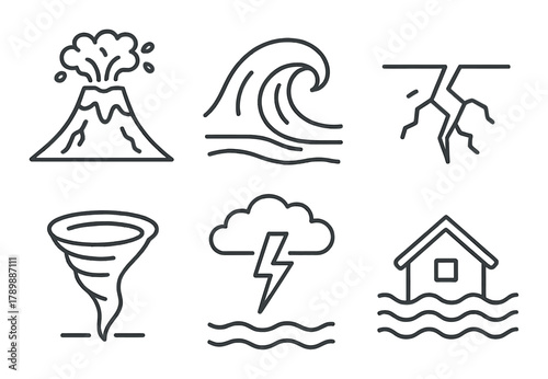 Natural disaster icons: volcano, tsunami, earthquake, tornado, storm, flood