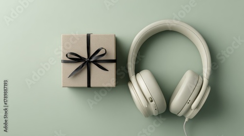Gift Box With Black Ribbon And White Headphones On Soft Green Background, Modern Audio Accessory For Gift, Tech, And Holiday Presentation