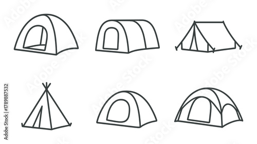 Various tent designs on dark background: dome, tunnel, a-frame, teepee