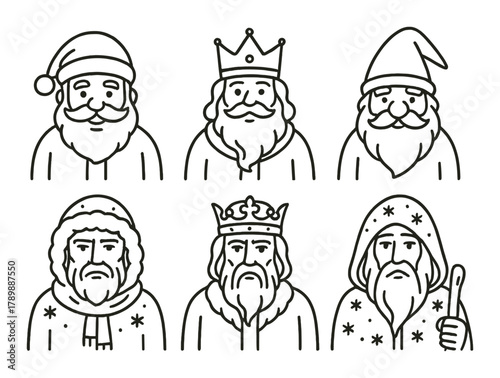 Illustration of bearded figures in traditional outfits with hats and crowns
