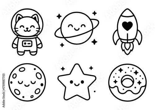 Adorable space-themed cartoon: cat, planet, rocket, moon, star, donut art