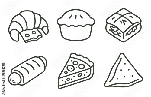 Variety of baked goods icons featuring croissant, pie, sandwich, roll, pizza slice, and samosa