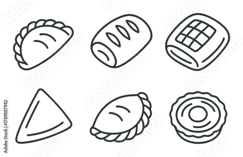 Assorted pastry icons: empanadas, sausage rolls, pies, and tarts in brown background