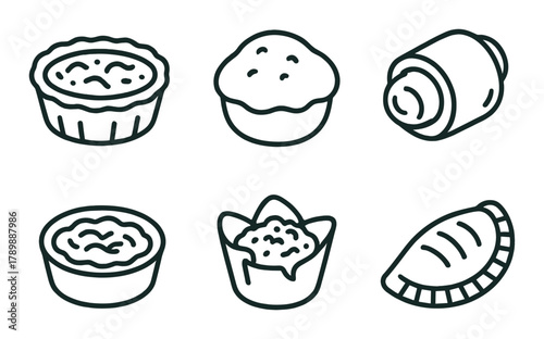 Assorted pastries icons: pie, muffin, roll, empanada on brown background