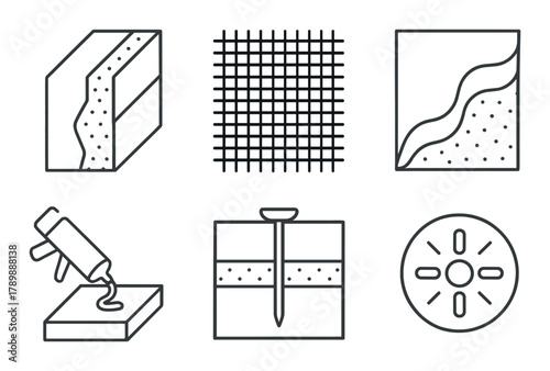 Abstract construction icons featuring building materials and tools