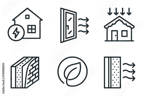 Energy efficiency icons: sustainable home, insulation, renewable energy, eco-friendly design