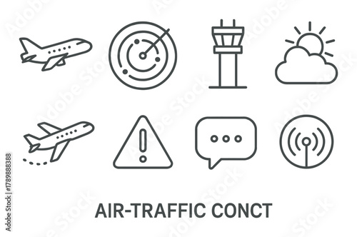 Air traffic control icons: plane, radar, tower, cloud, alert, communication