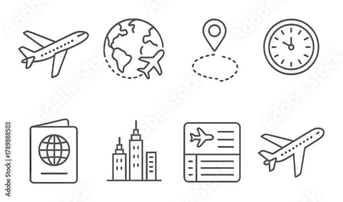 Travel icons set with airplane, globe, and passport on gray background