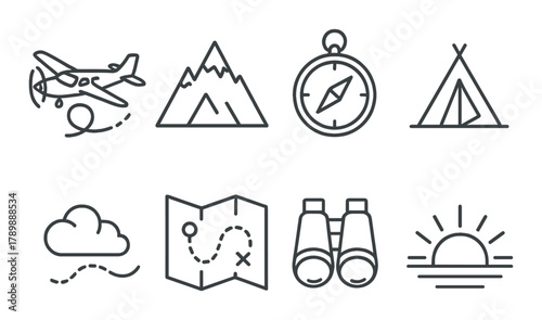 Adventure icons: airplane, mountain, compass, tent, cloud, map, binoculars, sunrise