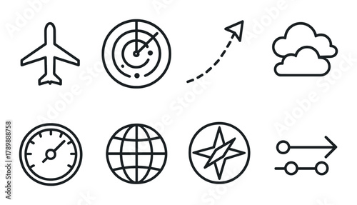 Aviation-themed icons on metallic background: plane, radar, compass, cloud, globe