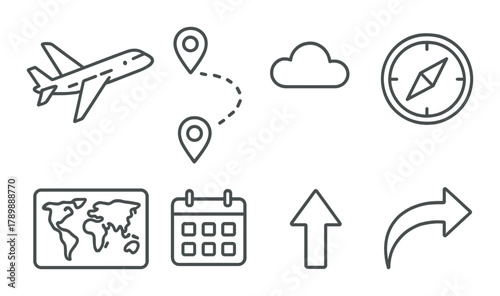 Travel icon set: airplane, map, compass, cloud, direction, calendar