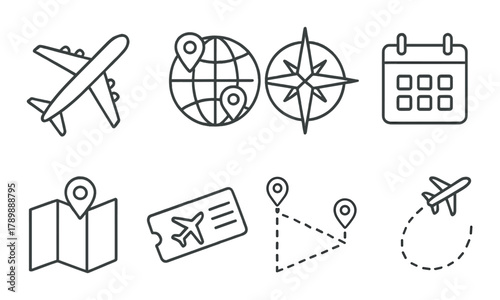 Travel icons set including airplane, globe, compass, calendar, map, ticket, route