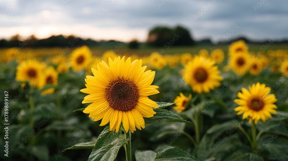 Fototapeta premium A stunning field of bright yellow sunflowers in full bloom bathed in the soft light of twilight under a moody cloudy sky evoking natural beauty and