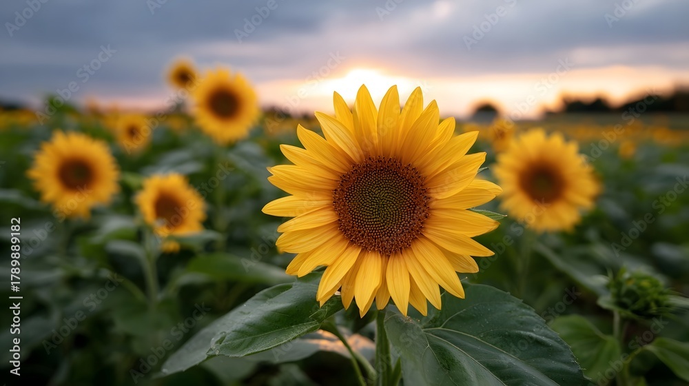 Fototapeta premium A close up of a bright yellow sunflower in a field at sunset with blurred flowers and a colorful twilight sky