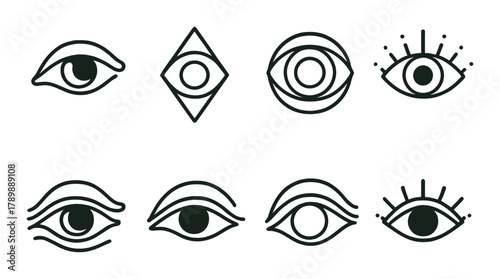 Minimalist geometric eye designs on olive background