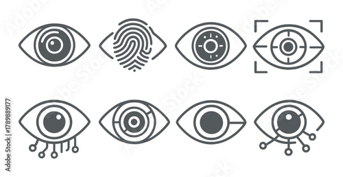 Futuristic biometric security icons featuring eye scans and fingerprint recognition