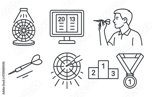 Monochrome darts and technology icons with male player