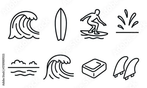 Surfing icon set: waves, surfboards, surfer, and ocean elements