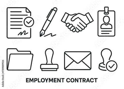 Vector icons representing employment contract essentials on a textured background