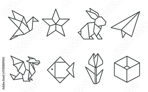 Origami designs: bird, star, rabbit, paper plane, dragon, fish, tulip, cube