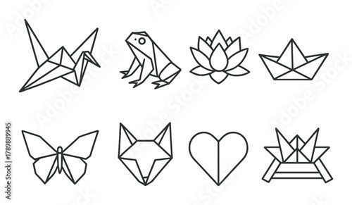 Collection of simple origami designs in monochrome