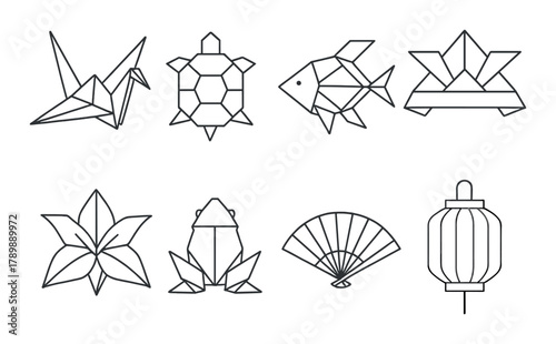 Black and white origami icons: crane, turtle, fish, boat, flower, frog, fan, lantern