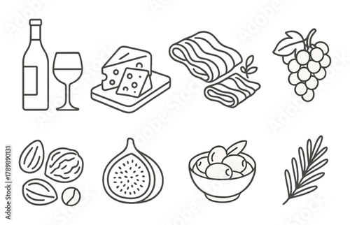 Wine and cheese pairing with grapes, nuts, rosemary, figs, olives, and prosciutto