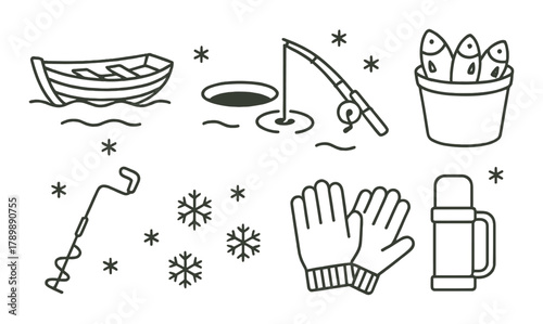 Ice fishing gear illustrations with gloves, fish, and equipment