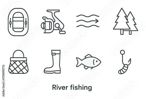River fishing symbols: boat, rod, water, trees, basket, boots, fish, hook, worm