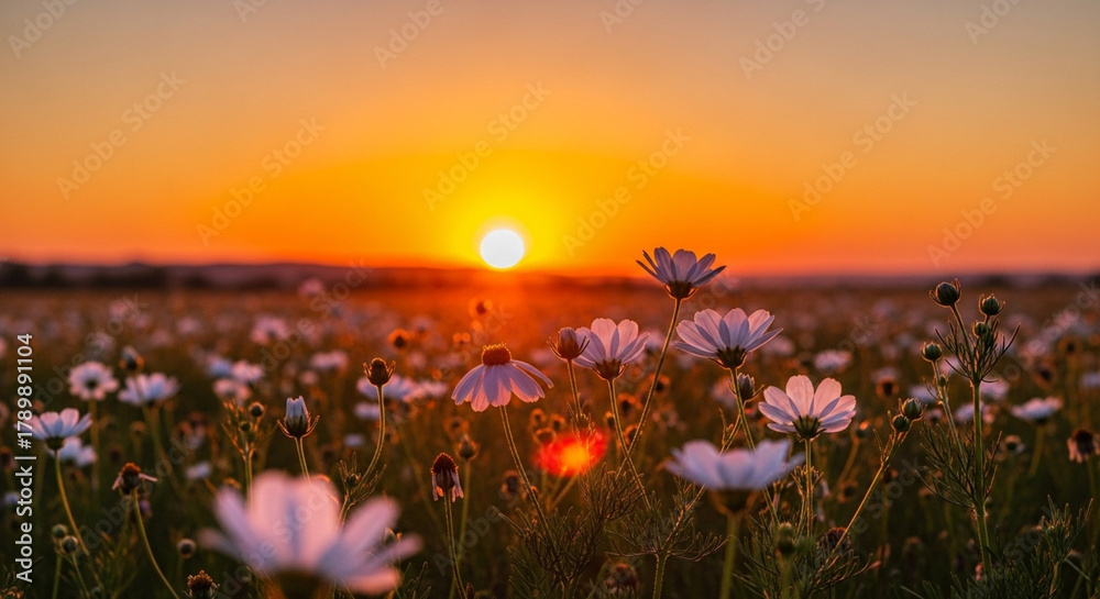 Fototapeta premium Golden Sunset Over a Field of Beautiful Wild Cosmos Flowers.