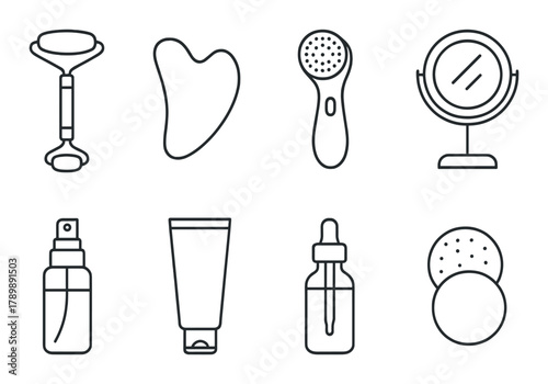 Skincare tools and products outline icons on dark background