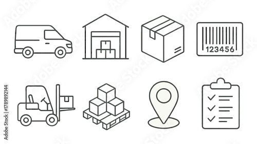 Logistics and supply chain icons: van, warehouse, barcode, forklift, delivery location