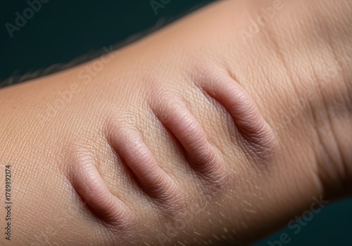 Close-up of lichenification on a forearm, showing thick, leathery skin with accentuated skin lines from chronic scratching due to eczema or prurigo.